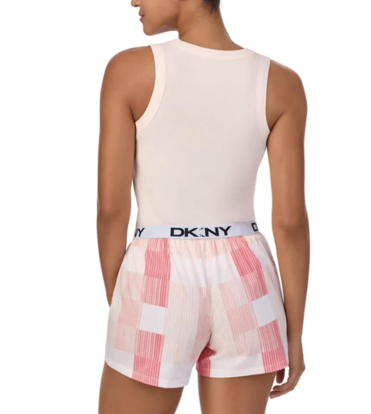 DKNY Women's 2 Piece Outfit Clothing Set - Tank Top & Short (Pearl Cream Pink Plaid Stripe Print, X-Large)