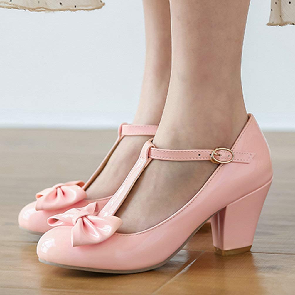 Bellirala Womens T-Strap Mary Jane Block Heel Pumps Rockabilly Lolita Cosplay Shoes(Pink 1,US Size 9.5)