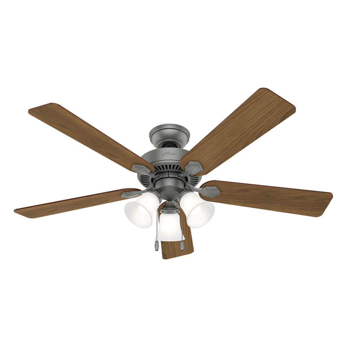 Hunter 52 inch Indoor Ceiling Fan with LED Lights - Ceiling Fan with Pull Chain, For Bedroom, Living Room, or Kitchen, Standard Mount, No Remote, 5 Blades - Swanson 50894, Matte Silver