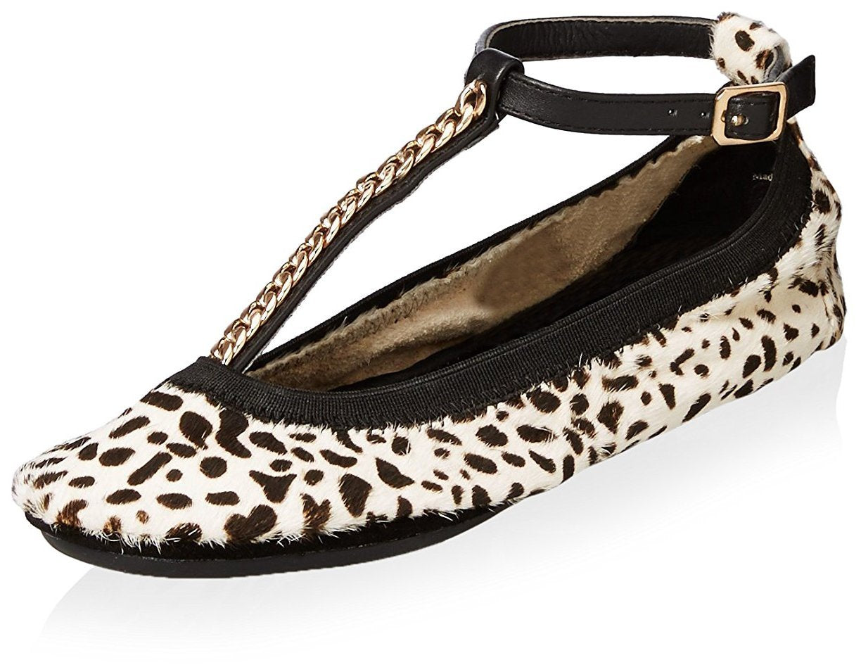 Yosi Samra Women's Erica T Strap with Chain Flat, Dalmation, 9 M US