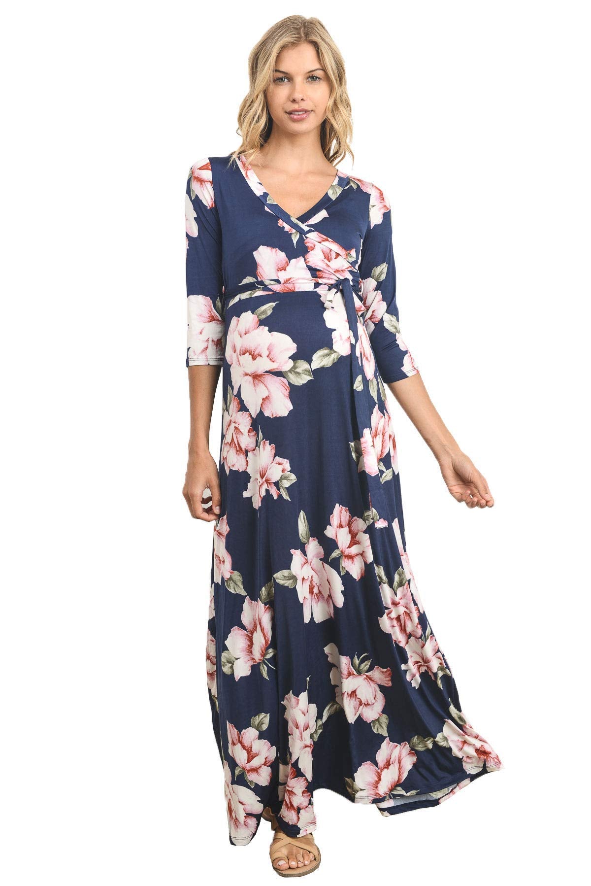 LaClef Women's Maternity Dress Maxi Long Length with Belt for Baby Shower, Photoshoot (Medium, Navy Floral)