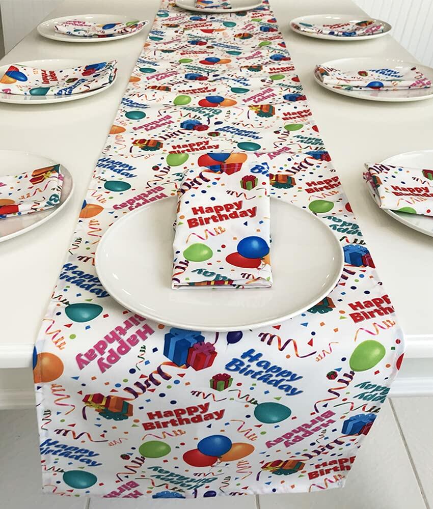 Celebration Tablecloths Happy Birthday Runner and Napkins Set (White, 14" x 108" with 10 Napkins)