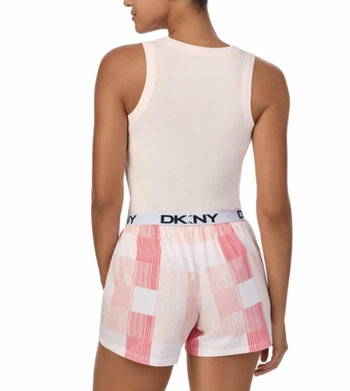 DKNY Women's 2 Piece Outfit Clothing Set - Tank Top & Short (Pearl Cream Pink Plaid Stripe Print, X-Large)