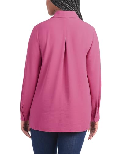 Hilary Radley Women's Roll Tab Sleeve Blouse, Button Down, Long Sleeve, Crinkle Top with Chest Pockets (US, Alpha, Small, Regular, Regular, Dark Pink)