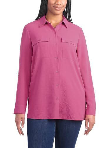 Hilary Radley Women's Roll Tab Sleeve Blouse, Button Down, Long Sleeve, Crinkle Top with Chest Pockets (US, Alpha, Small, Regular, Regular, Dark Pink)
