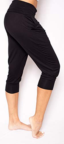 Evelyn Rose Foldover Waist Jogger Sweatpant Capri with Pockets (Black, Medium)
