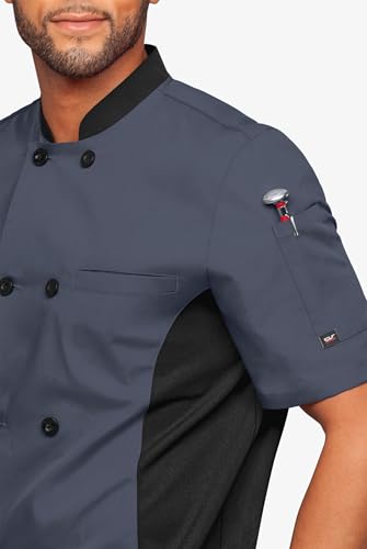 Mens Short Sleeve Chef Coat Mesh Side Panels (Small, Granite/Black)