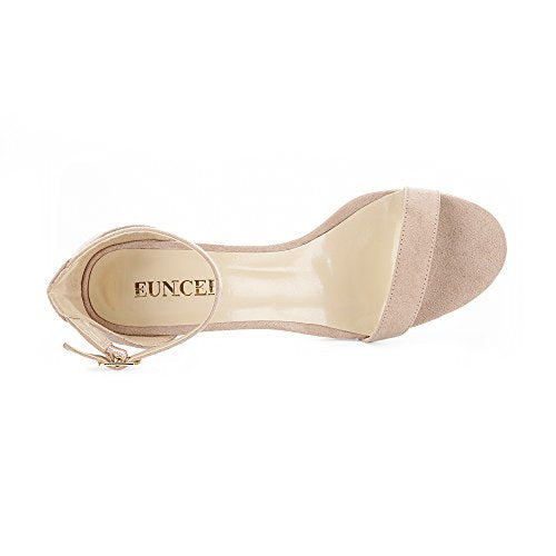 Eunicer Women's Single Band Classic Chunky Block Low Heel Sandals with Ankle Strap Dress Shoes,Nude Suede,11 B(M) US