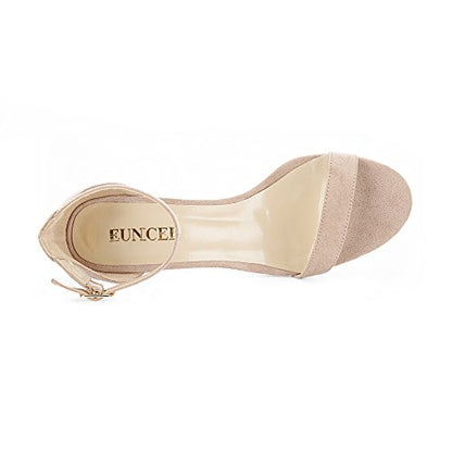Eunicer Women's Single Band Classic Chunky Block Low Heel Sandals with Ankle Strap Dress Shoes,Nude Suede,11 B(M) US