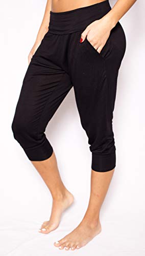 Evelyn Rose Foldover Waist Jogger Sweatpant Capri with Pockets (Black, Medium)