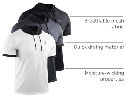 NELEUS Men's Running Shirt Workout Athletic Shirts with Hoodie Pack of 3,5112,Black/Grey/White,Large