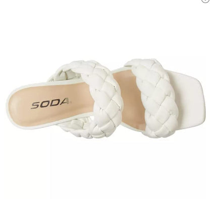 Soda BUGGY ~ Women Double Braided Straps Casual Open Square Toe Fashion Slide Block Heel Sandal White NB 5.5