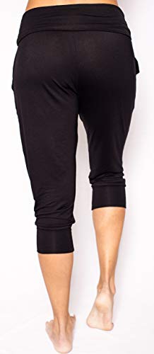 Evelyn Rose Foldover Waist Jogger Sweatpant Capri with Pockets (Black, Medium)