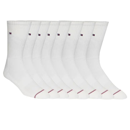 Tommy Hilfiger Mens Crew Socks - 8 Pack Cotton Blend Cushioned Athletic Socks for Men (White)