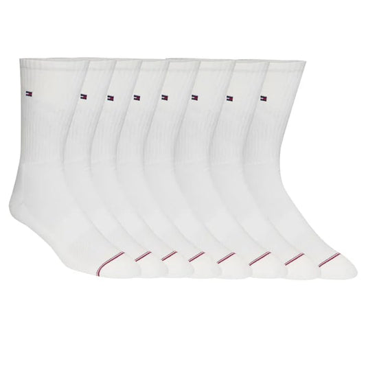 Tommy Hilfiger Mens Crew Socks - 8 Pack Cotton Blend Cushioned Athletic Socks for Men (White)