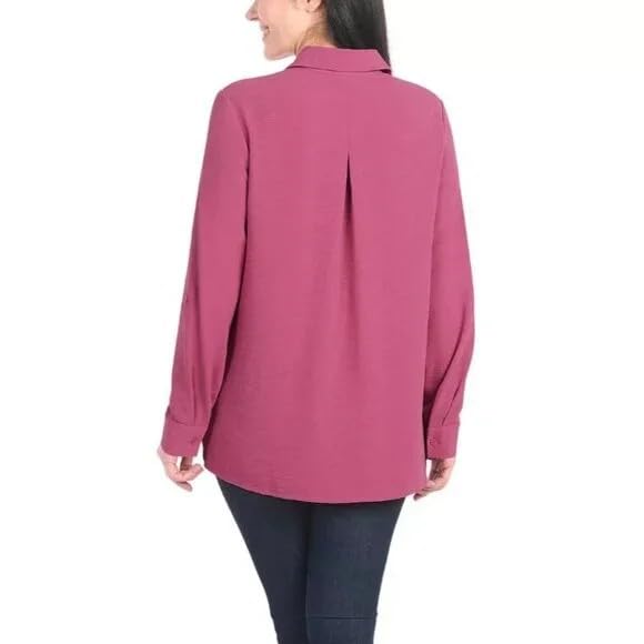 Hilary Radley Women's Roll Tab Sleeve Blouse, Button Down, Long Sleeve, Crinkle Top with Chest Pockets (US, Alpha, X-Large, Regular, Regular, Dark Pink)