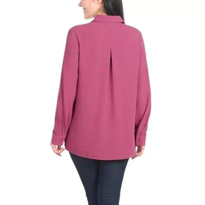 Hilary Radley Women's Roll Tab Sleeve Blouse, Button Down, Long Sleeve, Crinkle Top with Chest Pockets (US, Alpha, X-Large, Regular, Regular, Dark Pink)