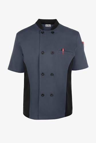 Mens Short Sleeve Chef Coat Mesh Side Panels (Small, Granite/Black)