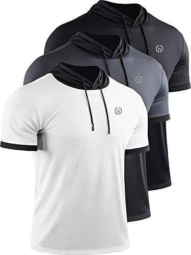 NELEUS Men's Running Shirt Workout Athletic Shirts with Hoodie Pack of 3,5112,Black/Grey/White,Large
