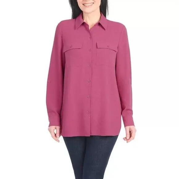 Hilary Radley Women's Roll Tab Sleeve Blouse, Button Down, Long Sleeve, Crinkle Top with Chest Pockets (US, Alpha, X-Large, Regular, Regular, Dark Pink)