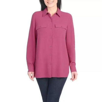 Hilary Radley Women's Roll Tab Sleeve Blouse, Button Down, Long Sleeve, Crinkle Top with Chest Pockets (US, Alpha, X-Large, Regular, Regular, Dark Pink)