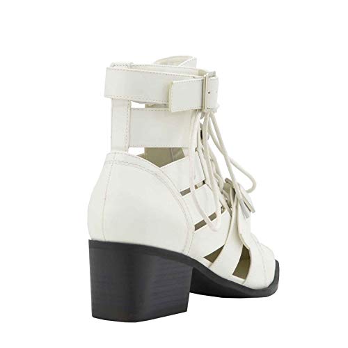 Women's Open Toe Lace Up Ankle Booties Cutout Buckled Straps Block Chunky Heel Shoe Boots (10, White Pu)