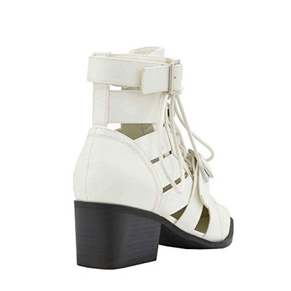 Women's Open Toe Lace Up Ankle Booties Cutout Buckled Straps Block Chunky Heel Shoe Boots (10, White Pu)