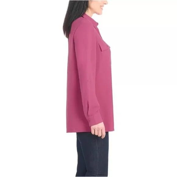 Hilary Radley Women's Roll Tab Sleeve Blouse, Button Down, Long Sleeve, Crinkle Top with Chest Pockets (US, Alpha, X-Large, Regular, Regular, Dark Pink)
