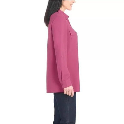Hilary Radley Women's Roll Tab Sleeve Blouse, Button Down, Long Sleeve, Crinkle Top with Chest Pockets (US, Alpha, X-Large, Regular, Regular, Dark Pink)