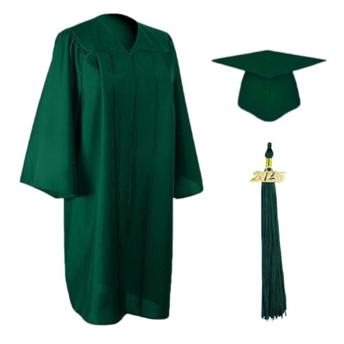 2025 Matte Graduation Cap and Gown Tassel Set - Forest Green Size 48 - Junior/Senior High School/College Graduates