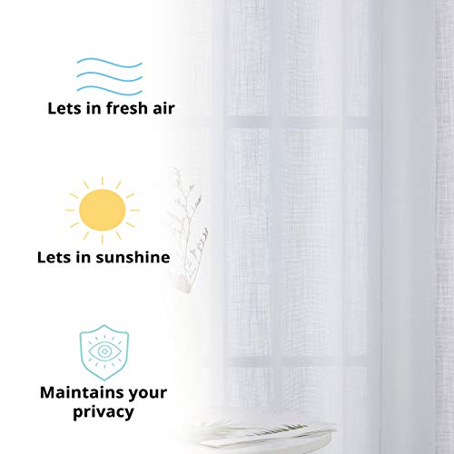 HLC.ME Abbey Faux Linen Textured Semi Sheer Privacy Sun Light Filtering Transparent Window Grommet Long Thick Curtains Drapery Panels for Bedroom & Living Room, 2 Panels (54 W x 108 L, White)