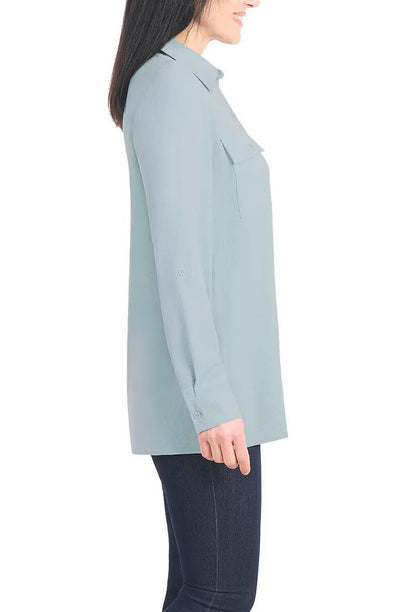 Hilary Radley Women's Roll Tab Sleeve Blouse, Button Down, Long Sleeve, Crinkle Top with Chest Pockets (US, Alpha, XX-Large, Regular, Regular, Light Blue)