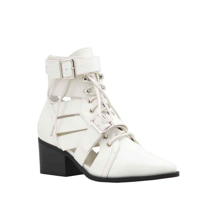 Women's Open Toe Lace Up Ankle Booties Cutout Buckled Straps Block Chunky Heel Shoe Boots (10, White Pu)