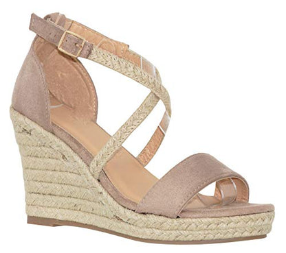 MVE Shoes Women's Medium Espadrille Open Wedge Criss Cross Straps-Fashion Wedges, Judith-34 taupe 6.5