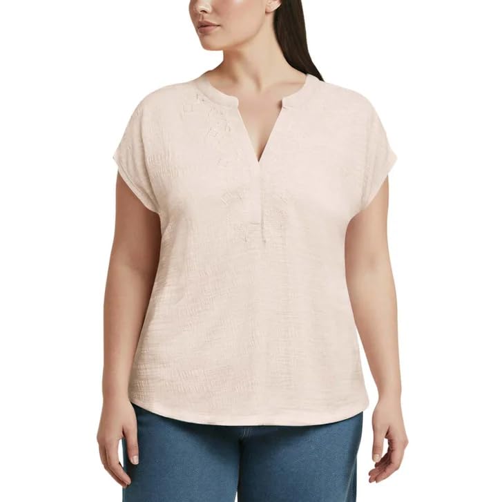 Orvis Women's Textured Top, Split V-Neck, Relaxed Fit (Cream, XX-Large)