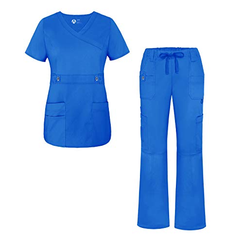 Adar Active Classic Scrub Set for Women - Crossover Top and Multi Pocket Pants - 3500 - Royal Blue - S