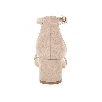 Eunicer Women's Single Band Classic Chunky Block Low Heel Sandals with Ankle Strap Dress Shoes,Nude Suede,11 B(M) US