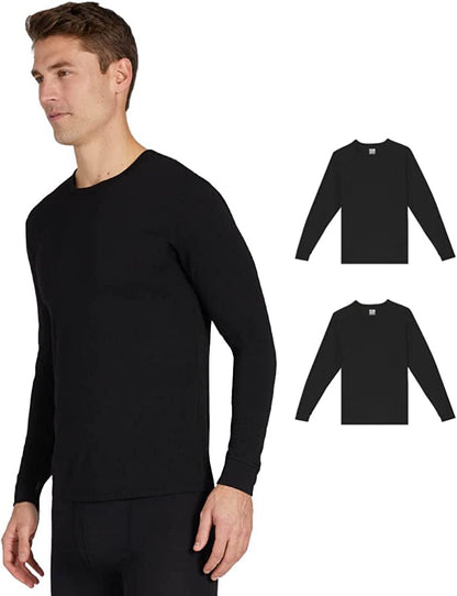 32 Degrees Men's 2-Pack Performance Lightweight Thermal Baselayer Crewneck Top, Black/Black, Small