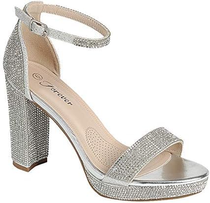 Women's Rhinestone Accent Open Toe Chunky High Heel Low Platform Formal Sandal (Silver, numeric_8_point_5)