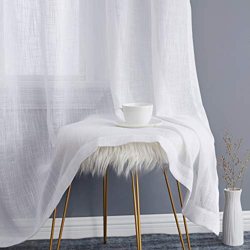 HLC.ME Abbey Faux Linen Textured Semi Sheer Privacy Sun Light Filtering Transparent Window Grommet Long Thick Curtains Drapery Panels for Bedroom & Living Room, 2 Panels (54 W x 108 L, White)