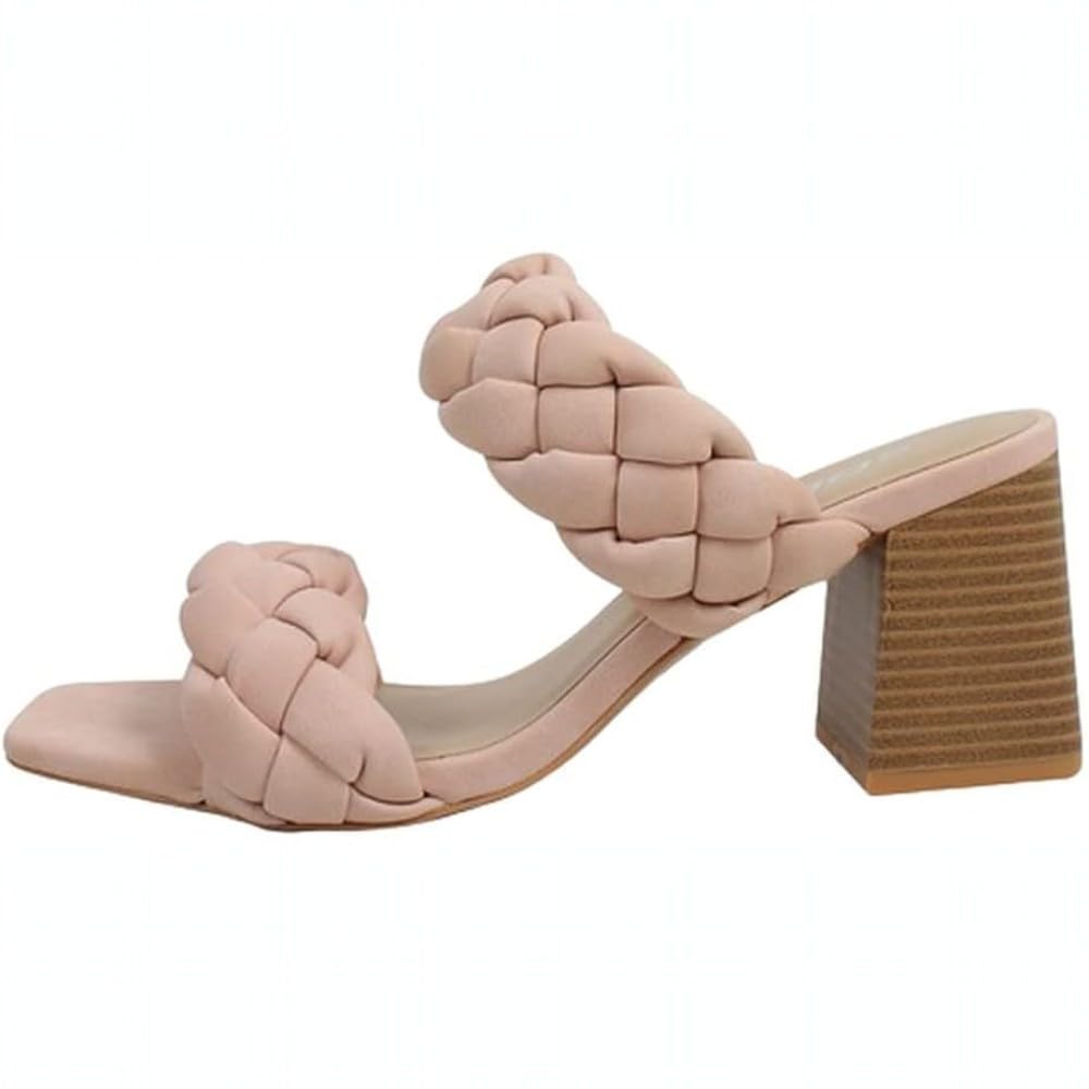 Soda BUGGY ~ Women Double Braided Straps Casual Open Square Toe Fashion Slide Block Heel Sandal Pink NB 5.5