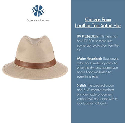 Dorfman Hat Co. Men's Canvas Safari Hat Size XX-Large Khaki Faux Leather Trim