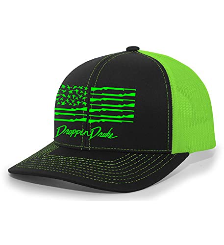 Droppin Drake American Duck Flag Mesh Snapback Hat-BlackNeon GreenNeon Green Flag, One Size-X-Large