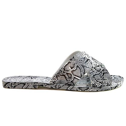 Qupid Line Sandals for Women - White & Black Snakeskin Print Slides - 7