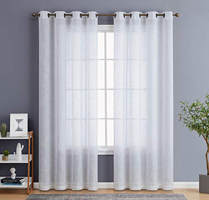 HLC.ME Abbey Faux Linen Textured Semi Sheer Privacy Sun Light Filtering Transparent Window Grommet Long Thick Curtains Drapery Panels for Bedroom & Living Room, 2 Panels (54 W x 108 L, White)