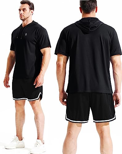 NELEUS Men's Running Shirt Workout Athletic Shirts with Hoodie Pack of 3,5112,Black/Grey/White,Large