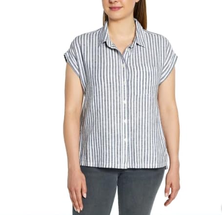 Orvis Tops for Women Linen Blend Short Sleeve Shirts with Collar Blue Stripe, XL