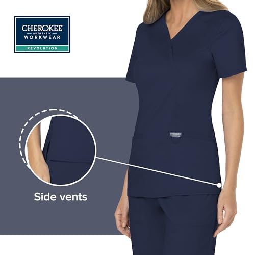 Cherokee Women Scrubs Top Workwear Revolution Mock Wrap WW610, S, Navy