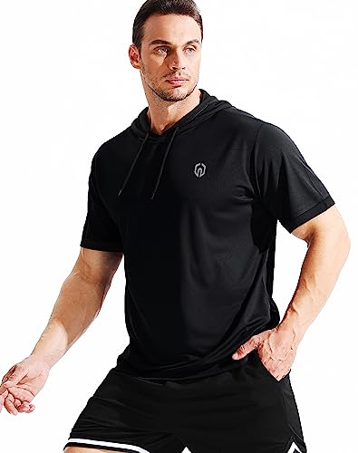 NELEUS Men's Running Shirt Workout Athletic Shirts with Hoodie Pack of 3,5112,Black/Grey/White,Large