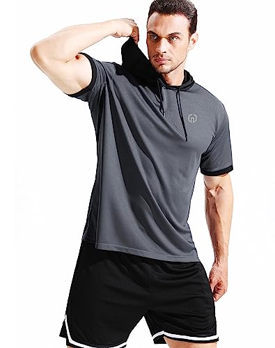 NELEUS Men's Running Shirt Workout Athletic Shirts with Hoodie Pack of 3,5112,Black/Grey/White,Large
